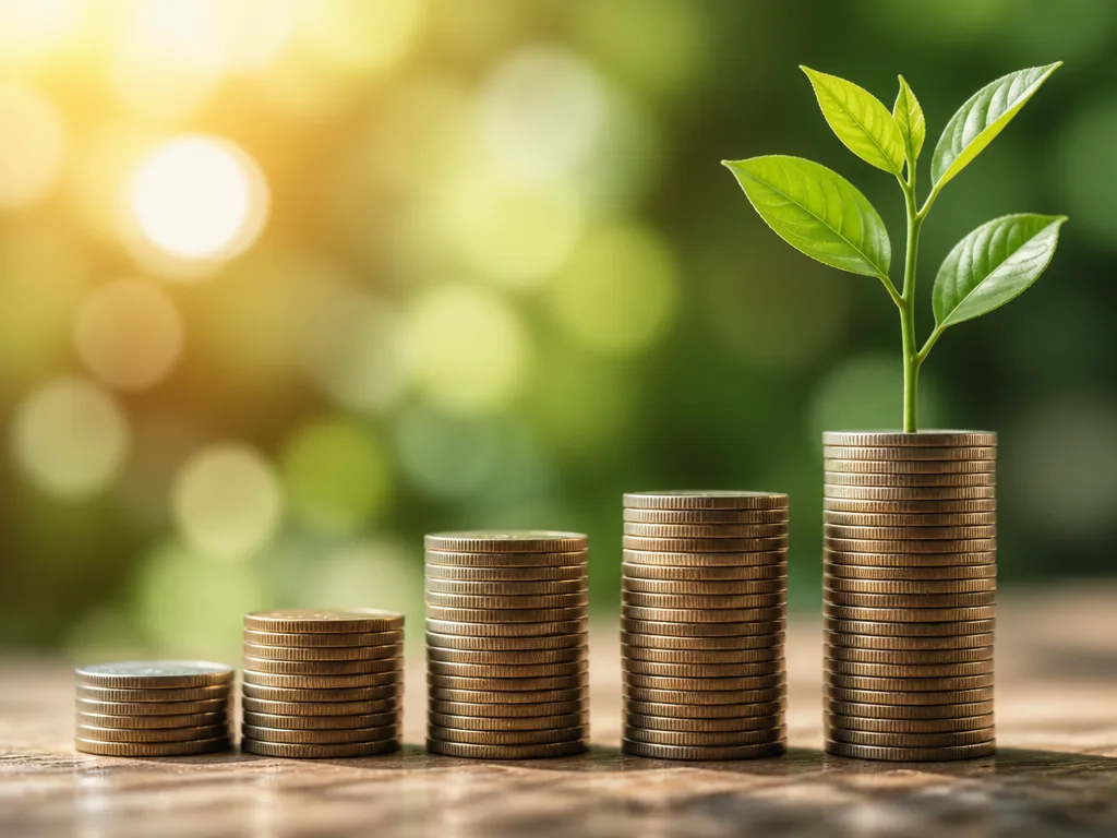 Mynthögar med en liten grön planta som växer upp — symboliserar passiv inkomst och utdelningstillväxt