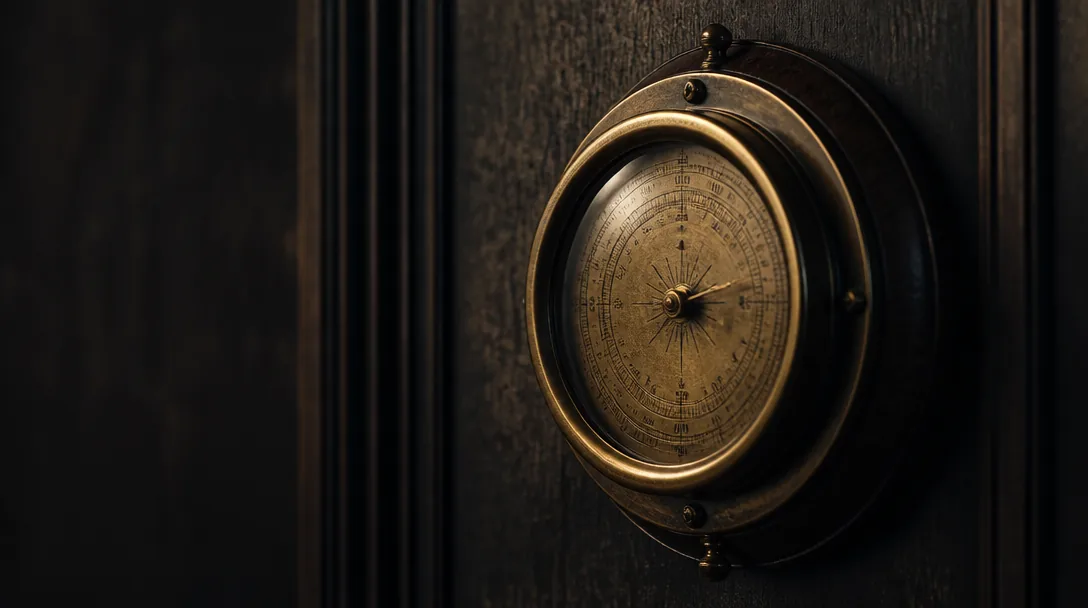 Antik mässingsbarometer med patina monterad på mörk träpanel i varmt riktat ljus som fångar polerat glas och mätinstrument