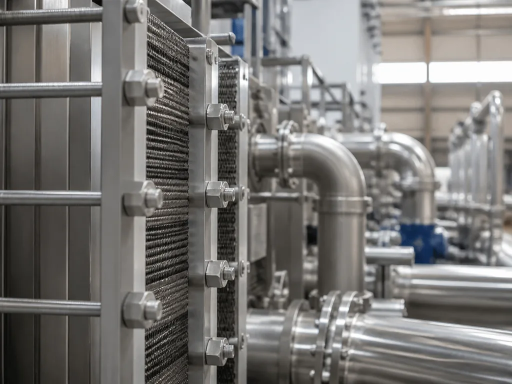 Industriella värmeväxlare och rörsystem i en modern produktionsanläggning