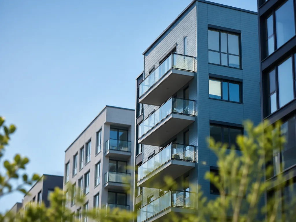 Modern bostadsfastighet i grå och blå toner mot en klarblå himmel