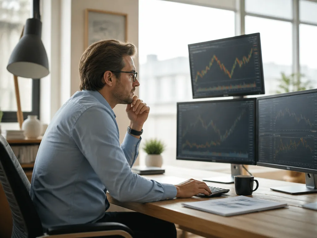 Finansanalytiker granskar börskurser på flera skärmar i modernt kontor med naturligt ljus