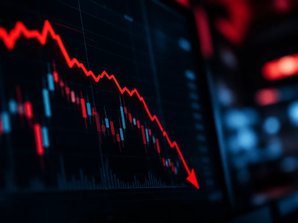 Röd nedåtgående kursgraf på en mörk handelsskärm med candlestick-data