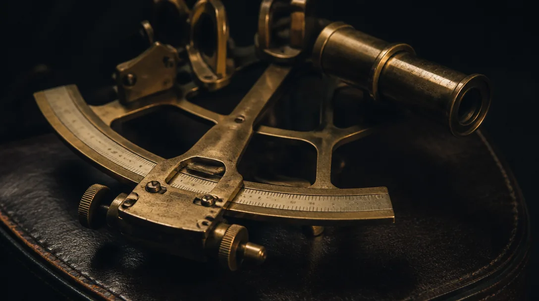 Detalj av en gammal mässingssextant på mörk läder med varmt riktat ljus som fångar precisionsinstrumentet