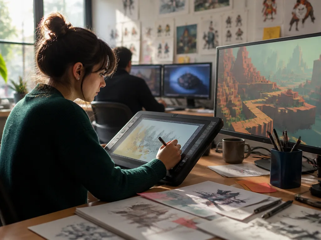 Modern speldesignstudio med koncept-skisser och en digital ritplatta