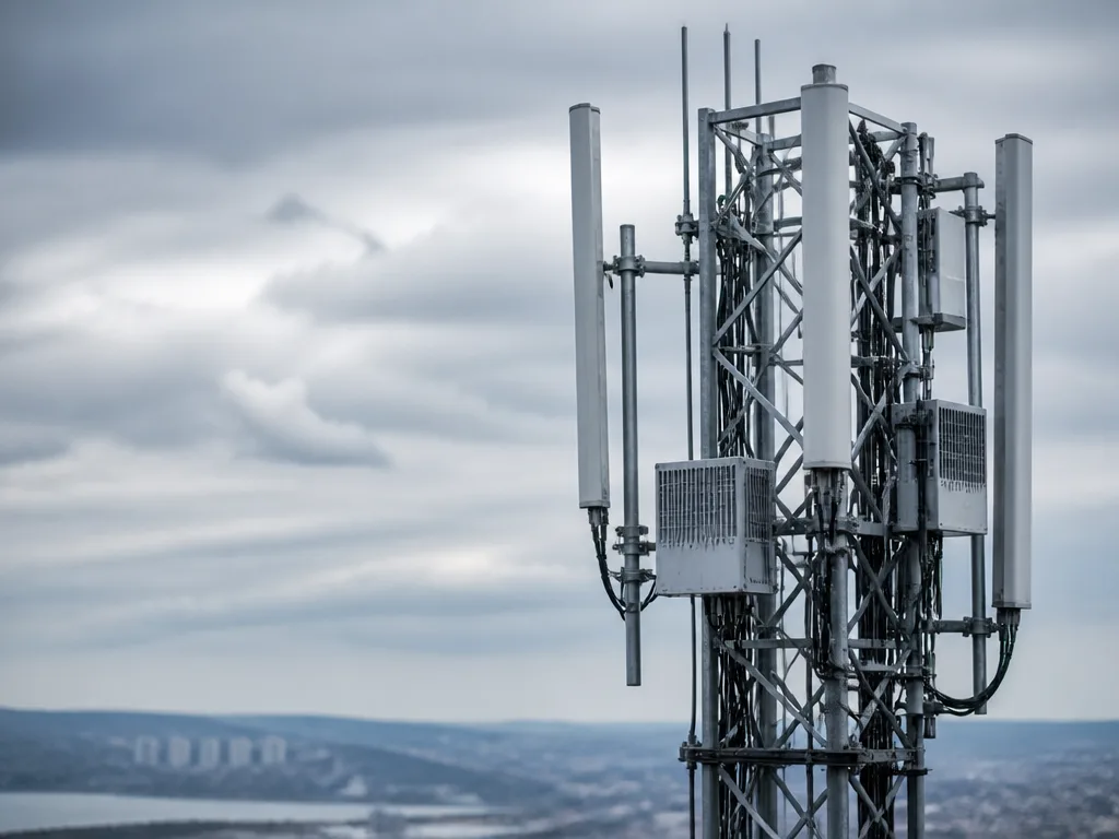 5G-antennmast med Ericssons telekommunikationsutrustning mot molnig himmel