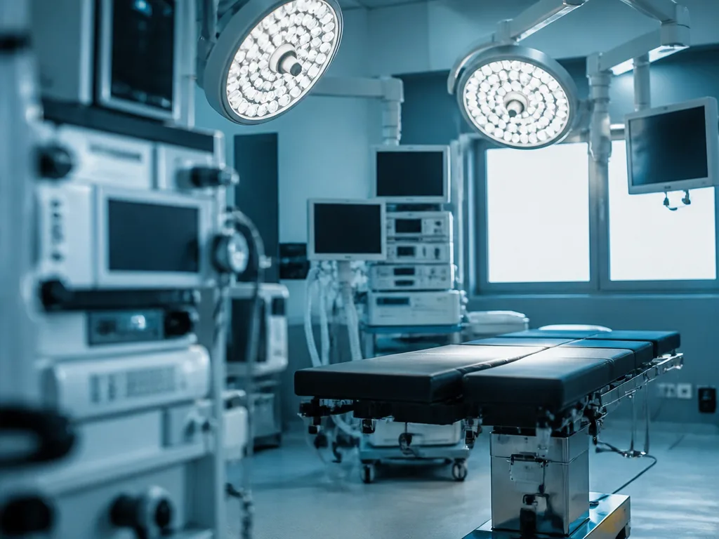 Modern operationssal med medicinteknisk utrustning i blått ljus