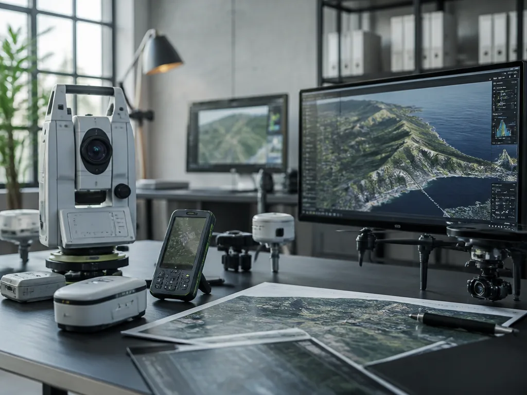 Modern industriell teknikarbetsplats med precisionsinstrument, sensorer och geospatiala mätverktyg