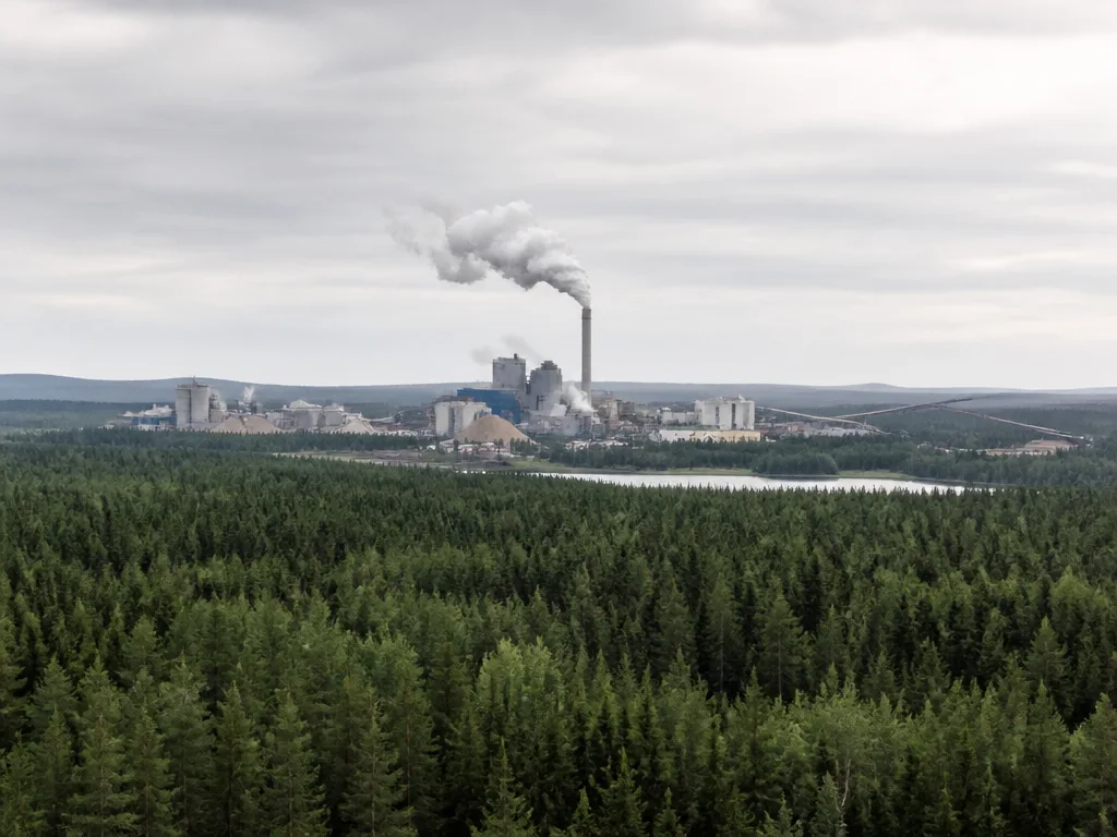 Nordisk barrskog med ett pappersbruk skymtande i horisonten under gryningsljus