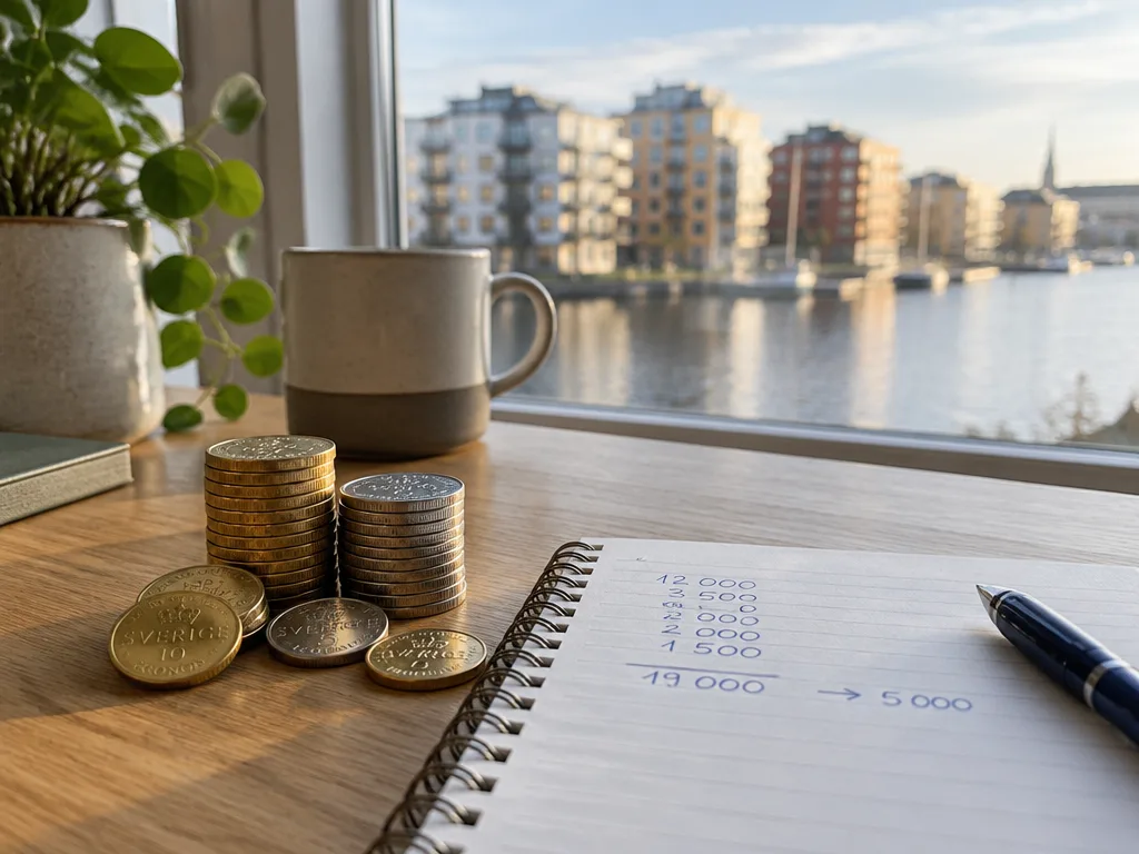 Staplar av svenska mynt och ett anteckningsblock med sparsiffror på ett skrivbord vid ett fönster mot vattnet
