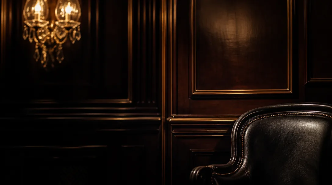 Interiördetalj av en klassisk privatbanks salong med varmt guldljus reflekterat i mahognypanel