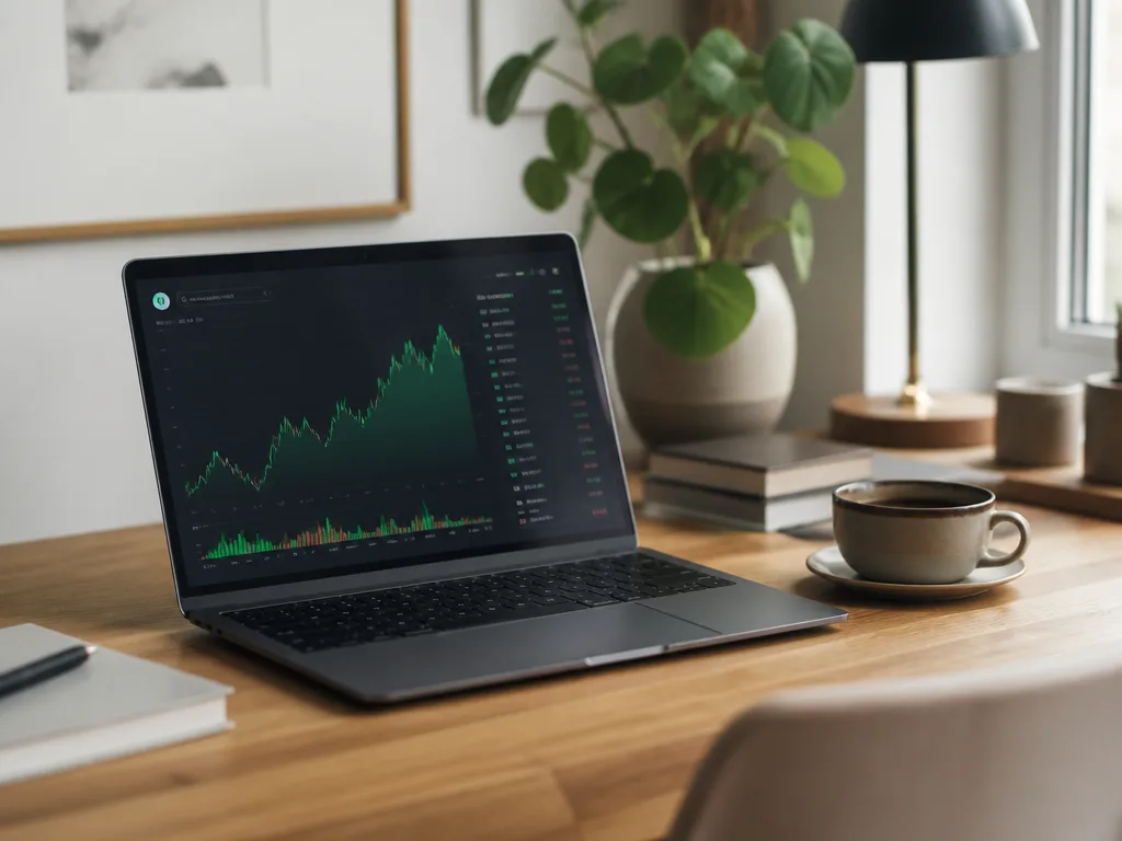 Laptop med aktiegraf på skärmen på ett minimalistiskt hemmakontor med naturligt ljus — symbol för ISK-sparande