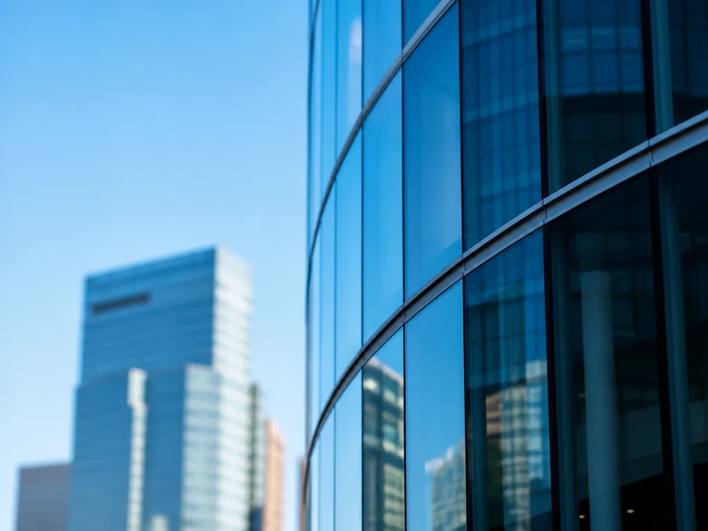 Modern kontorsbyggnad i glas och stål mot en klarblå himmel, symbol för ett investmentbolags huvudkontor