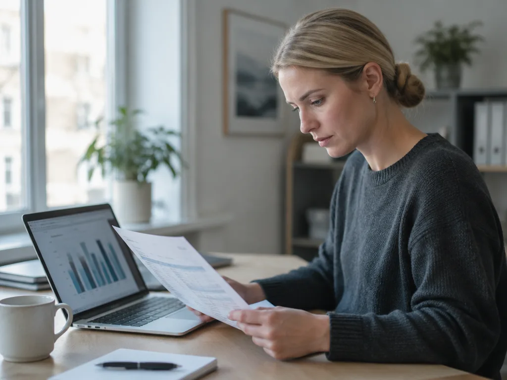 Anställd vid skrivbordet går igenom sitt lönebesked bredvid en laptop med stapeldiagram
