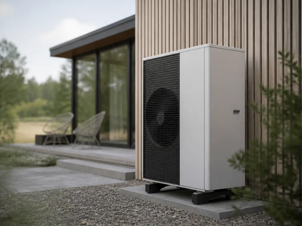 Modern värmepump monterad på husvägg — symbol för NIBE Industriers verksamhet inom energieffektivisering