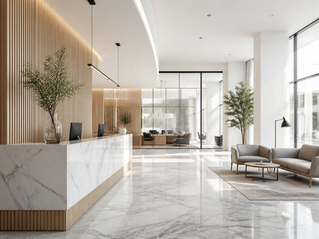 Modernt nordiskt bankinteriör med marmorggolv, stora fönster och skandinavisk minimalistisk inredning