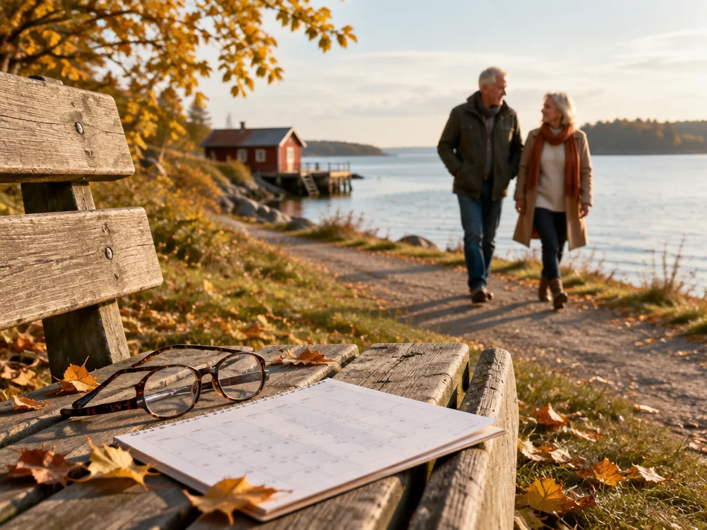 Äldre par promenerar längs en höstig strandstig, i förgrunden en parkbänk med läsglasögon och en kalender