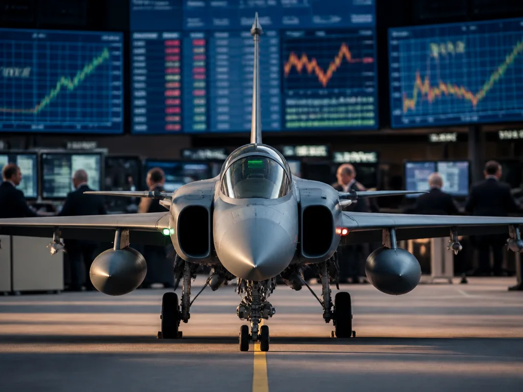 JAS Gripen stridsflygplan på landningsbana med börsskärmar i bakgrunden