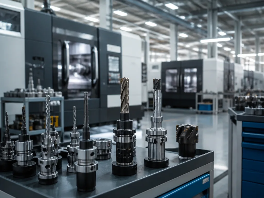 Modernt industriellt tillverkningsanläggning med precisionsskärverktyg och CNC-maskiner