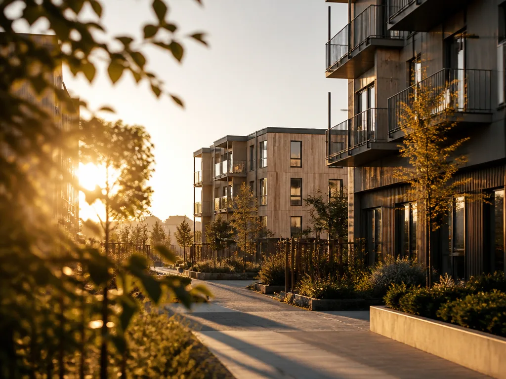 Moderna bostadshus i ett svenskt samhällsfastighetsområde i kvällsljus