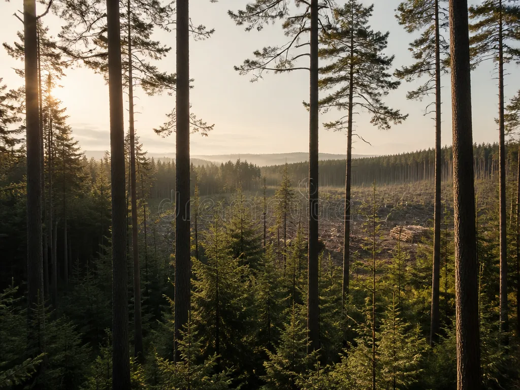 Vidsträckt svensk tallskog i morgondis med ett avverkningsområde i fjärran
