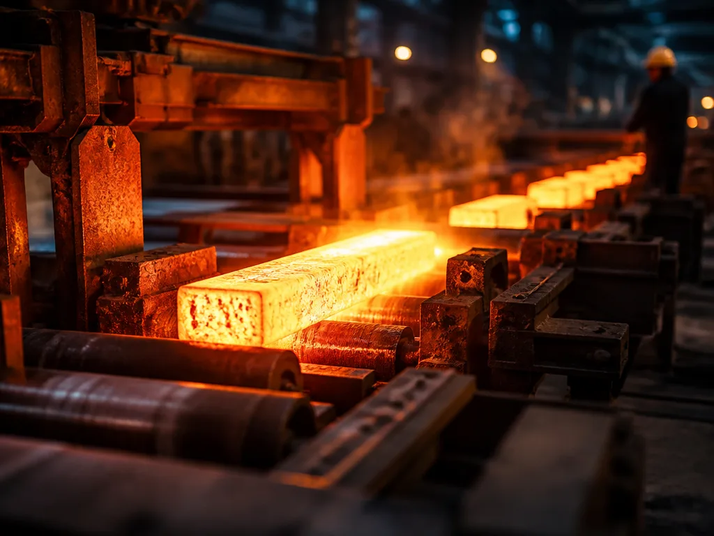 Stålverk med glödande stålämnen och industriell tillverkning