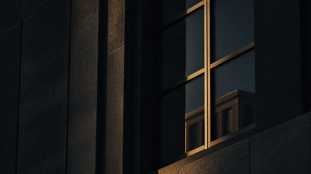 Minimalistisk arkitekturdetalj av en klassisk svensk industribyggnads fasad i varmt sköldljus med mässingsfönsterdetalj