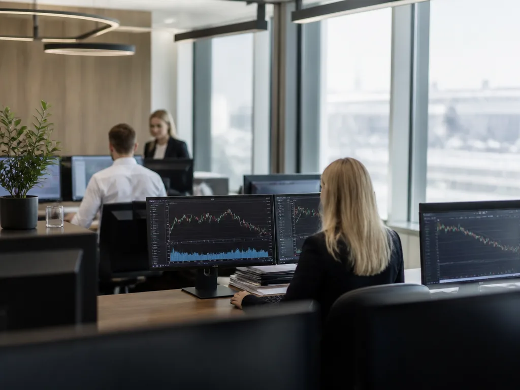 Modernt bankkontor med finansskärmar som visar aktiekurser och grafer