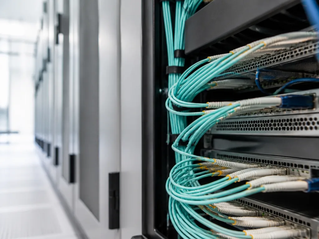 Fiberoptiska kablar och nätverksutrustning i ett modernt datacenter