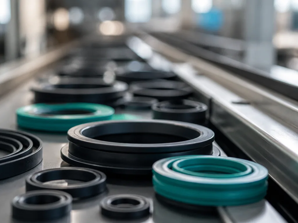 Industriella gummitätningar och polymerkomponenter på en produktionslinje