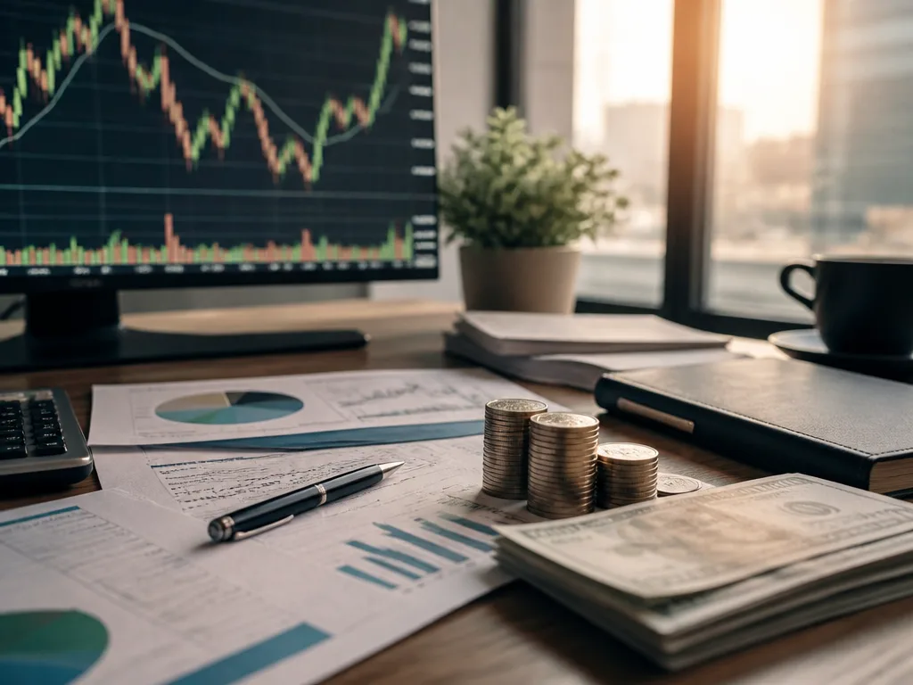 Finansiellt skrivbord med aktiekurser på skärm, staplade mynt och utdelningsrapporter