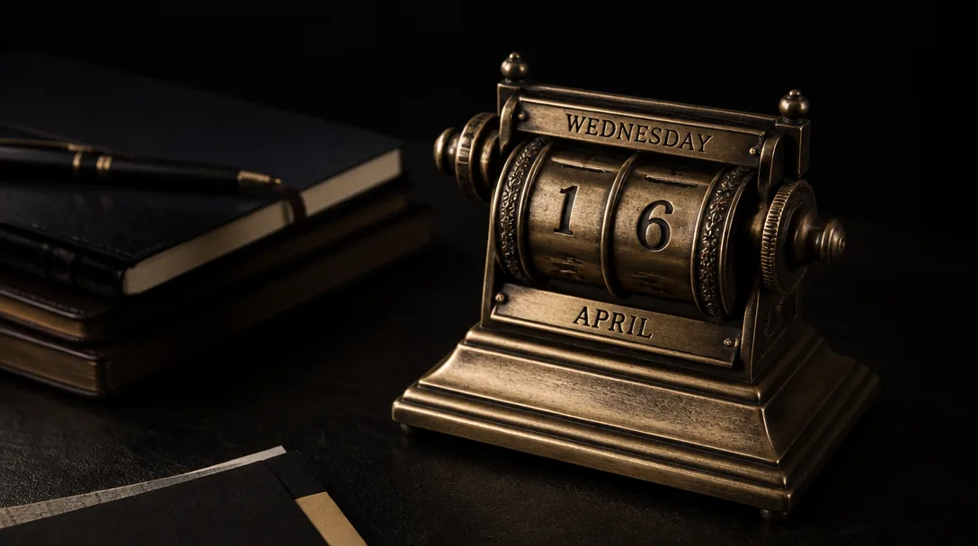 Antik mässingsskrivbordskalender med präglade datumhjul under en varm spotlight
