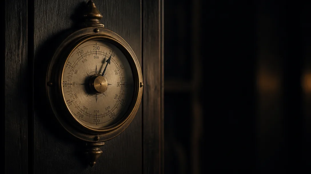 Antik mässingsbarometer med patina monterad på mörk träpanel i varmt sidoljus med synlig urtavla och kalibreringsskala