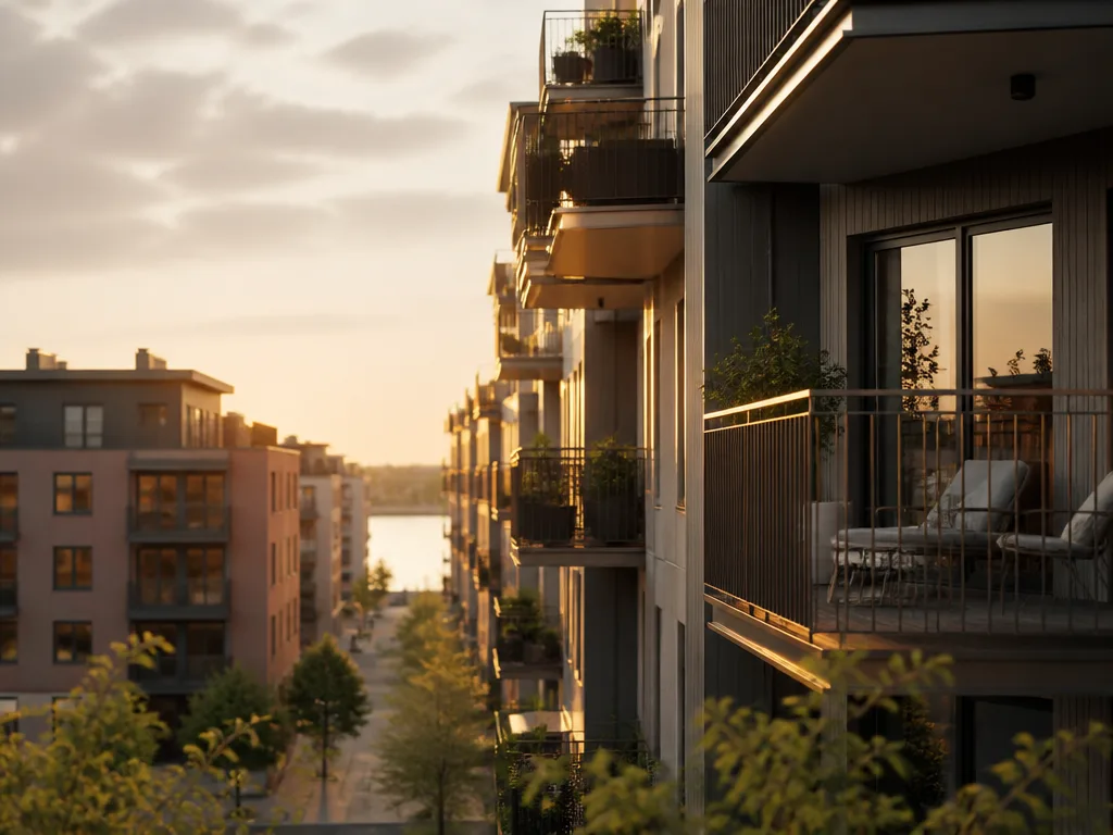 Modernt bostadshus med balkonger i kvällsljus, Göteborg