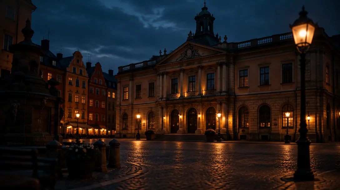 Arkitekturdetalj av en modern börsbyggnads fasad i skymningen med mässingsräcken som fångar varmt ljus